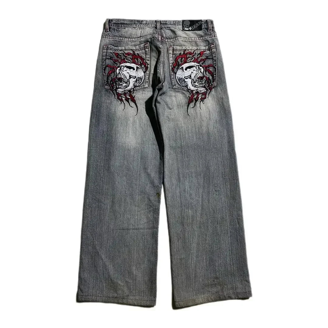 Y2K Fashion Red Print Grey Washed Baggy Jeans Men Women Harajuku Gothic Skateboard Pants Vintage Street Clothes Wide leg pants