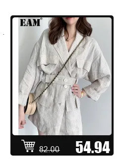[EAM] Big Size Gray Jacket Wide Leg Pants Two Piece Suit New V-Neck Long Sleeve Women Fashion Tide Spring Autumn 2024 1DH6481