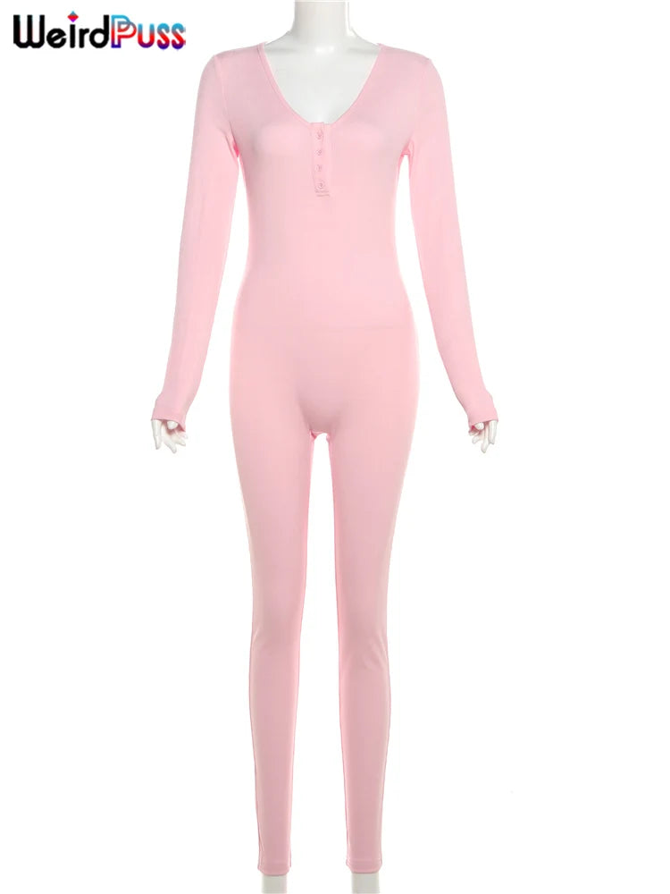 Weird Puss Fitness Button Low-Neck Casual Jumpsuit Women Autumn Fashion Ribbed Stretch Full Sleeve Basic Body-Shaping Overalls
