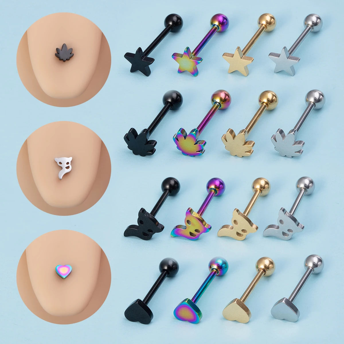 1-4pcs 14G Stainless Steel Tongue Rings Punk Straight Barbells Heart Star Maple Leaf Anchor Cross Tongue Piercing Jewelry Unisex Viralgem Store