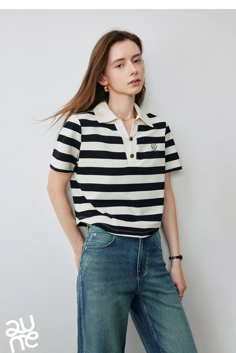 TOYOUTH Women Letter T-shirt 2024 Summer New POLO Collar Top Viralgem Store