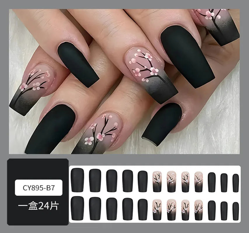 Square Fake Nails for Women DIY Pink Plum Blossom Designs French Press On Nails Wearable Full Cover False Nails for Party CF33