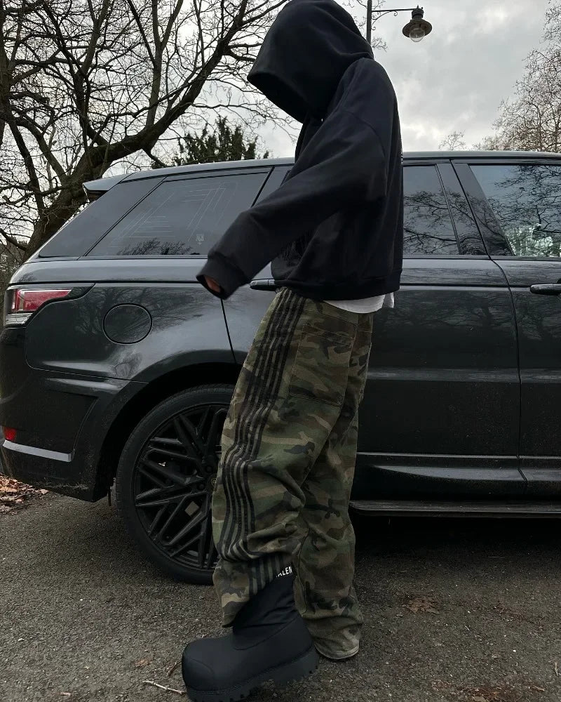 Y2k street new striped camouflage design men jeans Goth trend hip hop wide leg pants couple fashion casual loose straight pants