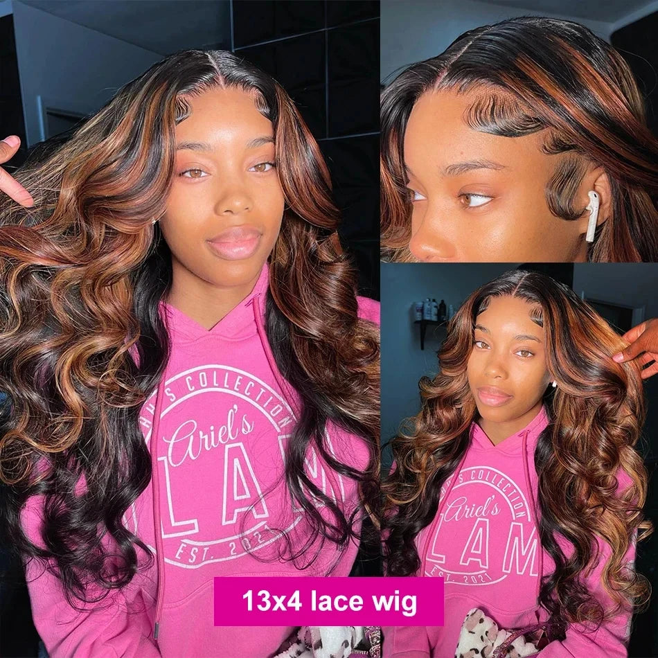 Upgraded 1B/30 Balayage Body Wave 13x4 Highlight Lace Front Human Hair Wig Vietnamese 30 Inch Omber Brown Colored Wig Human Hair Viralgem Store