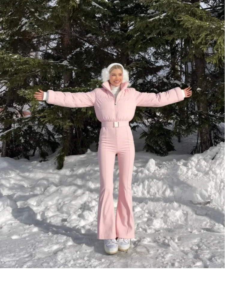 Snow Jumpsuit Women High Neck Zipper Long Sleeves Hoodie Patchwork Fur Belts Skiwear Female 2025 Winter Solid Warm Streetwears Viralgem Store