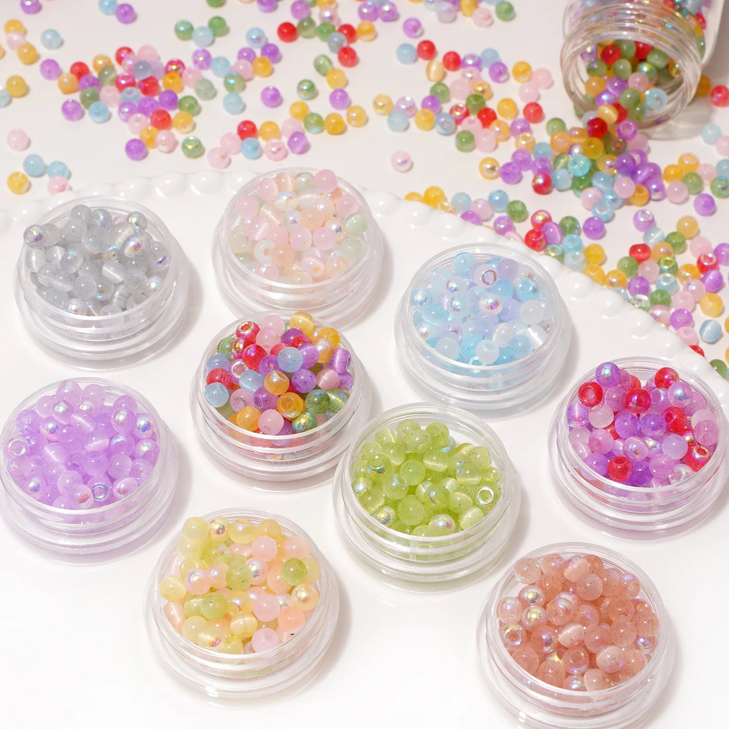 150 Cat Eye Glass Beads 4mm In Various Colors (blue, pink, yellow, green) For DIY Jewelry Making, Necklace Handicrafts, Bead Emb