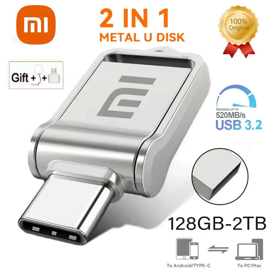 Xiaomi 2TB 3.2 Flash Drive USB Type-c 2-In-1 High Speed Transfer Metal U Disk Waterproof Universal For Mobile Phone Computer