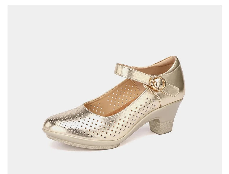 5.5cm 7.5cm Small Size 33 Breathable Cutout Block Heels Shoes Mary Janes 2024 Soft Leather Platform Pumps for Mom Dance Model
