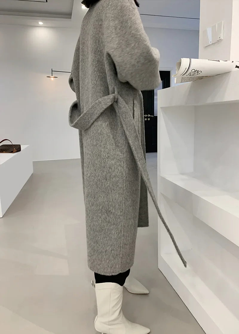 2024 Autumn Winter Wool Coat Women Double-breasted Solid Color Women's Double-sided Woolen Belt Coats Loose Warm Wool Jacket