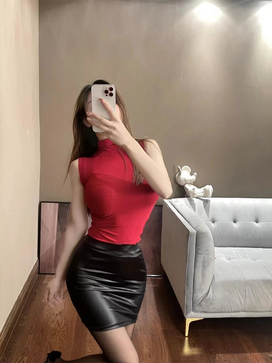 WOMENGAGA Leather Matte Slim Mini Sexy Fashion PU Hot Short High Waist Skirt Korean Nightclub Streetwear Wholesale Clothes 7ST Viralgem Store
