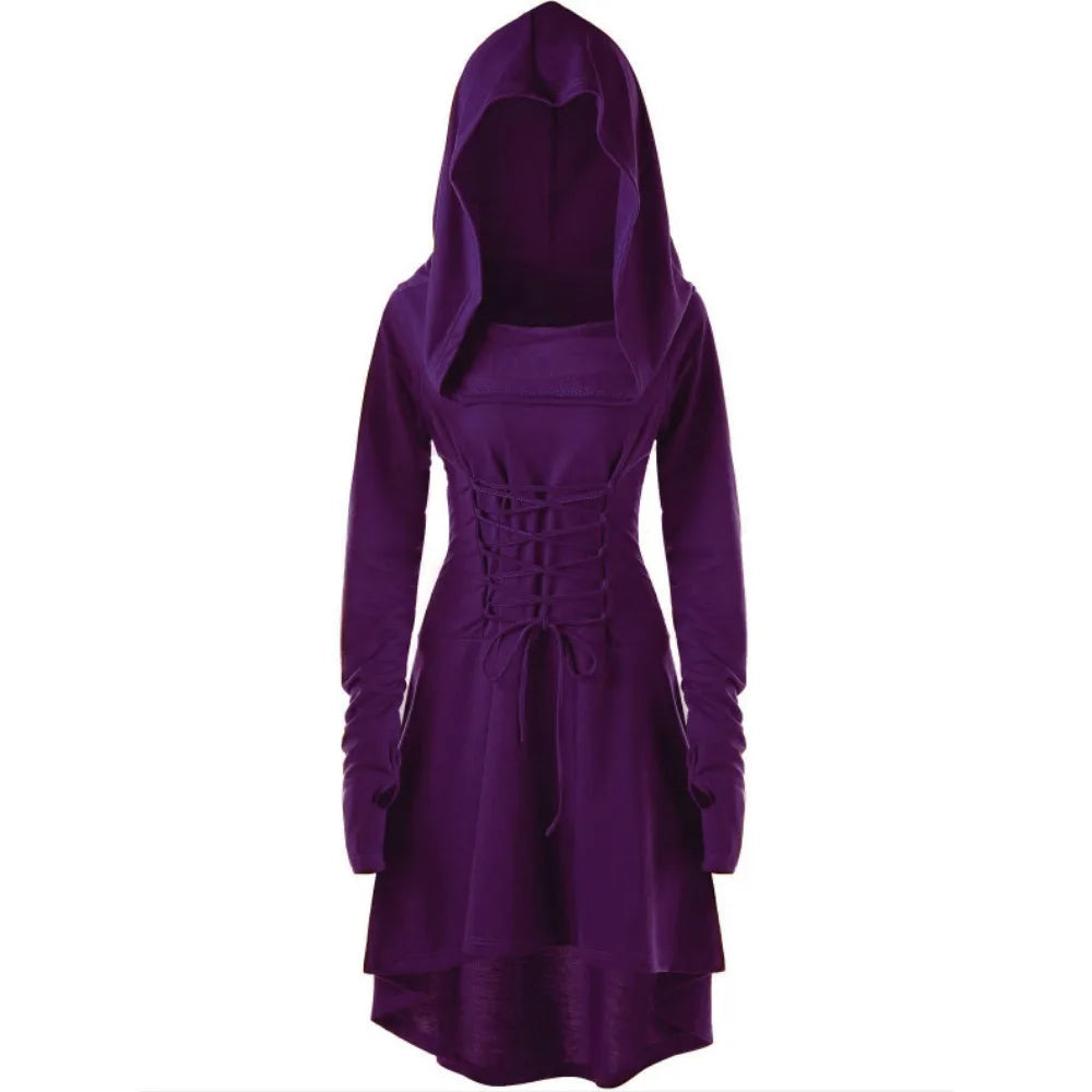 Vintage Womens Cosplay Medieval Renaissance Archer Costumes Hooded Robe Lace Up Pullover Long Hoodie Dress Cloak Halloween Party Viralgem Store