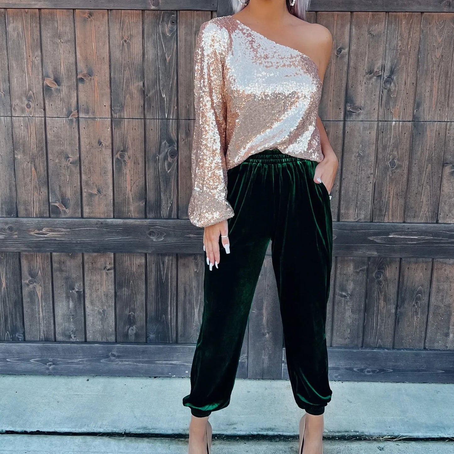 Women's Velvet Pants High Waist Loose Wide Leg Pants Casual Elastic Waist Velour Long Trousers with Pockets