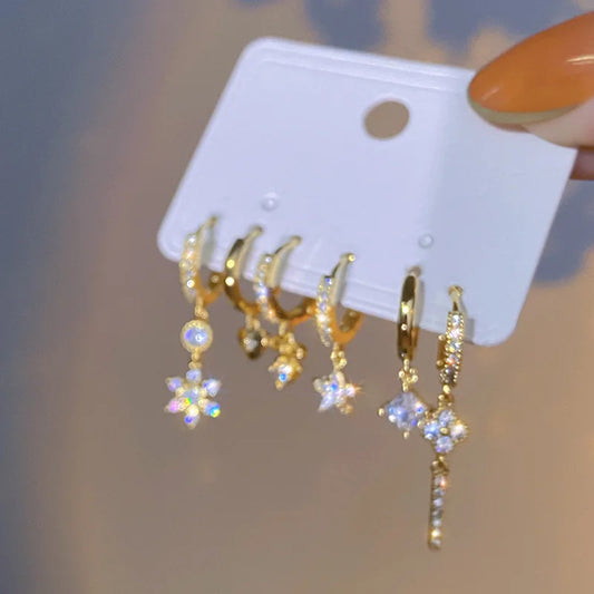 6Pcs/Set New Gold Color Geometric Pendant Hoop Earrings for Women Crystal Star Heart Bow Drop Earring Cartilage Piercing Jewelry