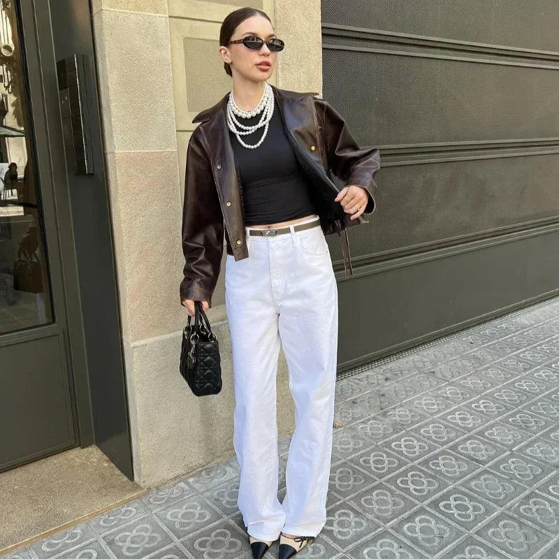 Vintage Cropped Distressed Leather Jacket For Women Chic Lapel Single Breasted Lace Up Coat Autumn Lady New Chic Streetwear 2024