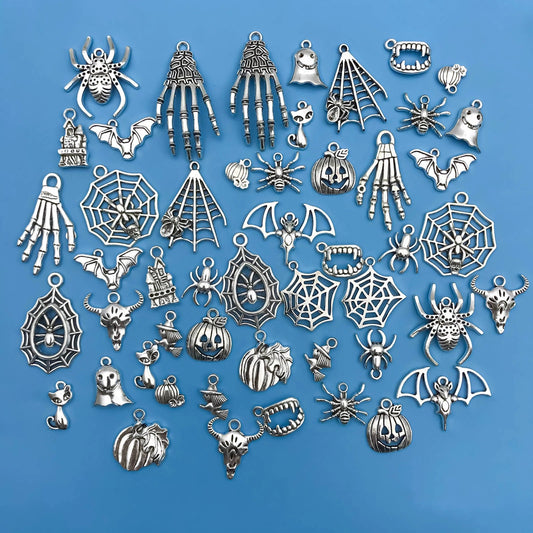 50pcs/SET Zinc Alloy Silvery Halloween Series Charms Pendants for DIY Necklace Bracelet Earrings Jewelry Making Handmade Viralgem Store