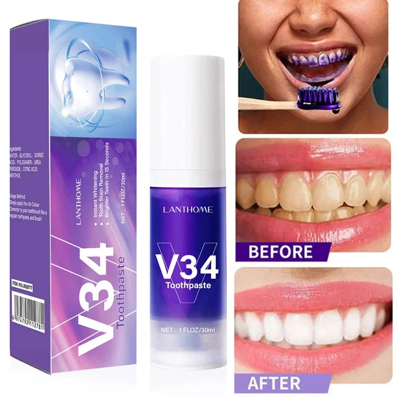 V34 Purple Teeth Whitening Toothpaste Remove Plaque Stains Cleaning Oral Hygiene Dental Bleach Tools Fresh Breath Beauty Health