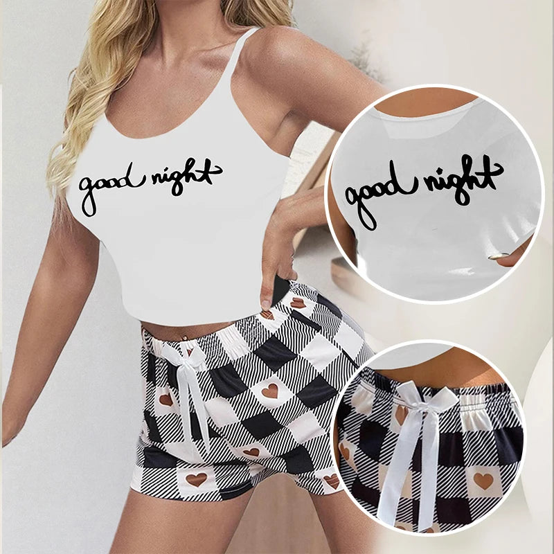 Two Piece Women's Summer Home Set with Round Neck Suspender Letter Vest Bow Plaid Shorts Pajama Set