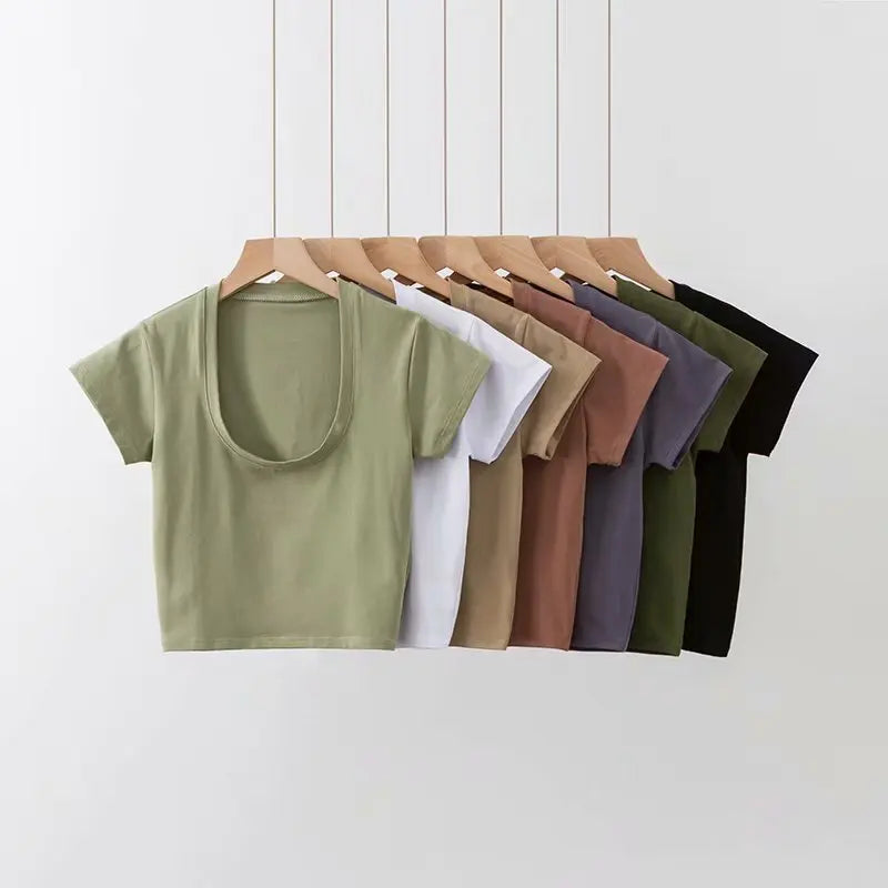 U-Neck Crop Top Solid Color Women Casual High Waist T Shirt Basic Sexy Streetwear Short Sleeve Slimming