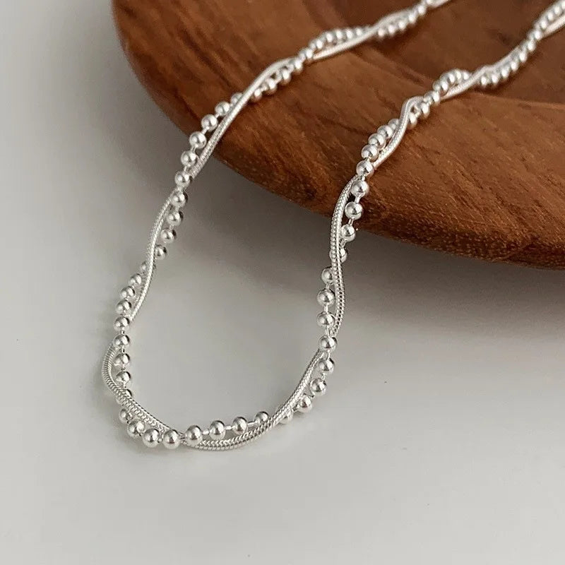 925 Sterling Silver Double Layer Snake Bone Chain Necklace for Women's Sweet Temperament Round Bear Neckchain Fashion Jewelry