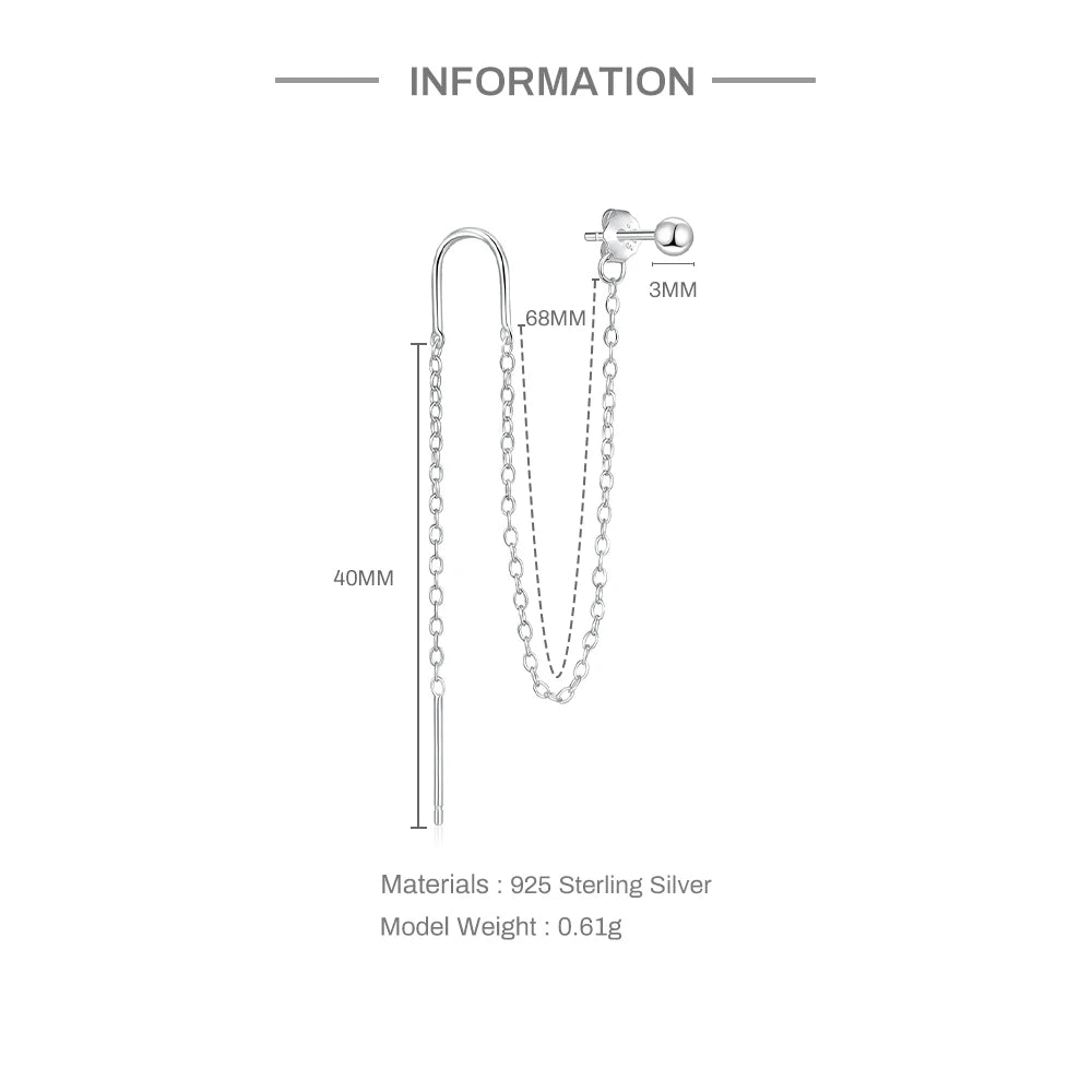 Aide 925 Sterling Silver 1pc Four Zircons Charm Chain Tassel Earrings For Women Double Studs Sparkling CZ Pave Cartilage Clips