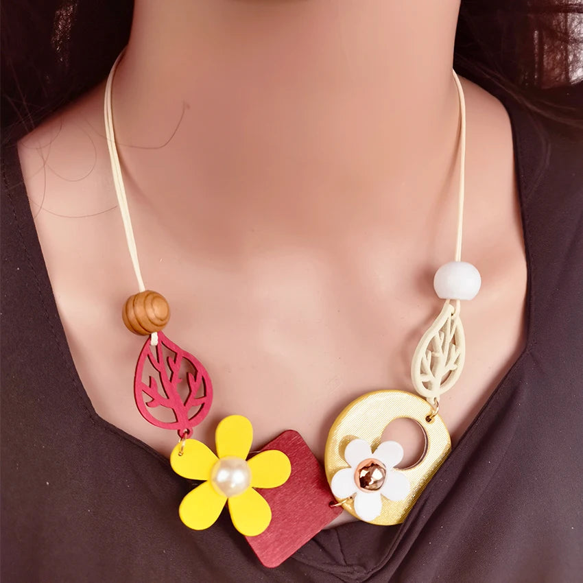 Vintage Ethnic Geometric Wooden Bib Necklace Women Wood Leaves Flower Collar Handmade Adjustable Choker Long Necklaces Pendants Viralgem Store