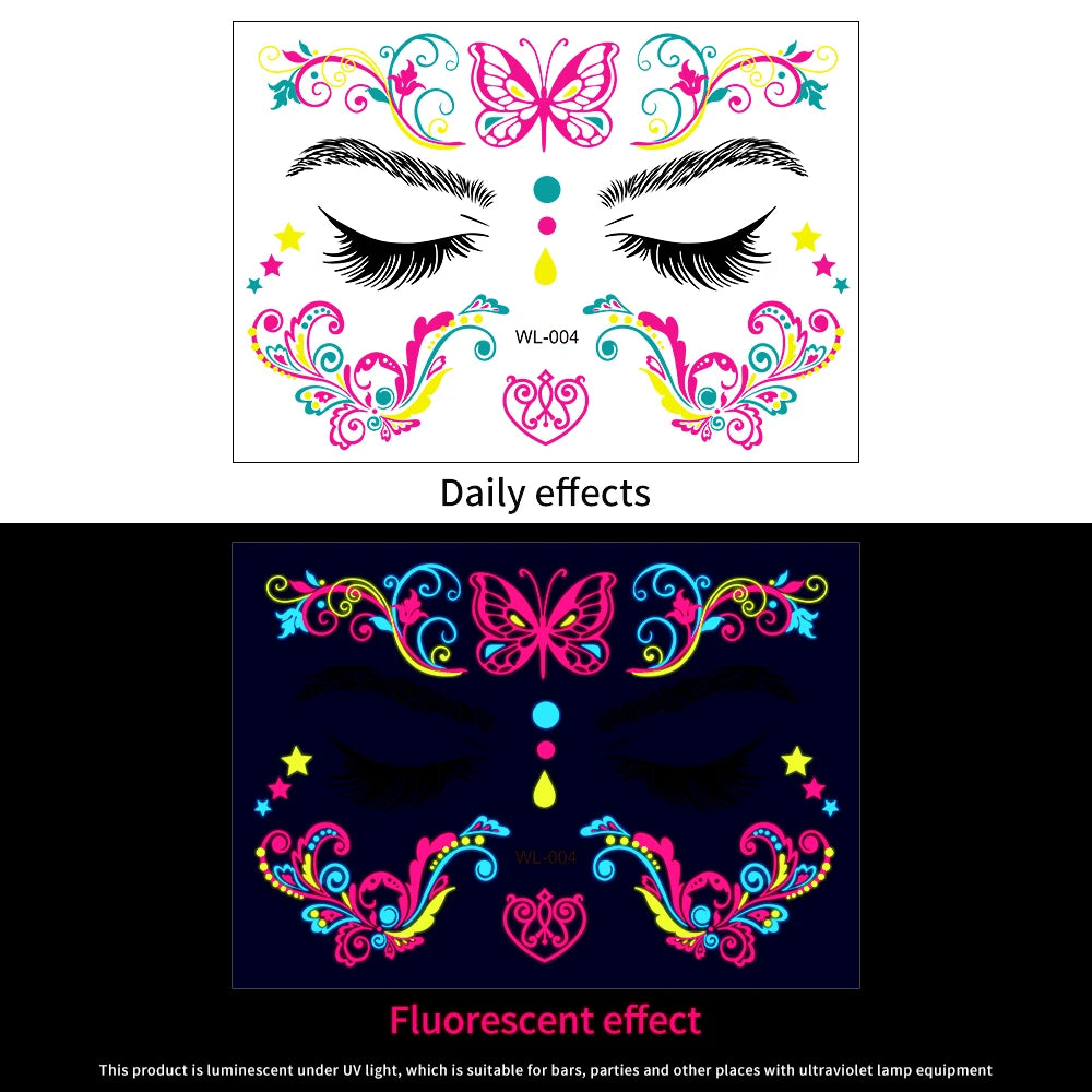 1Pcs Halloween Fluorescent Face Stickers 12-Styles Feather/Flowers/ButterflyDesign Tattoo Sticker Waterproof Glowing Face Decals Viralgem Store