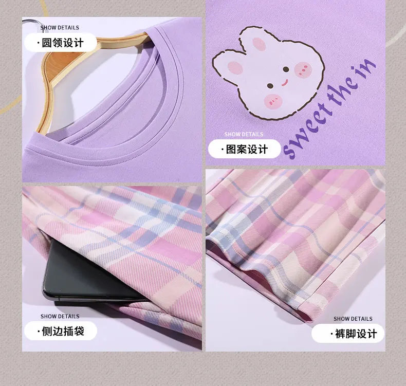 Spring Summer Women Pajamas Soft Cotton Cute Rabbit Print Pijamas Short Sleeved Plaid Pants Sleepwear Fashion Home Wear