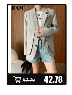 [EAM] Big Size Gray Jacket Wide Leg Pants Two Piece Suit New V-Neck Long Sleeve Women Fashion Tide Spring Autumn 2024 1DH6481