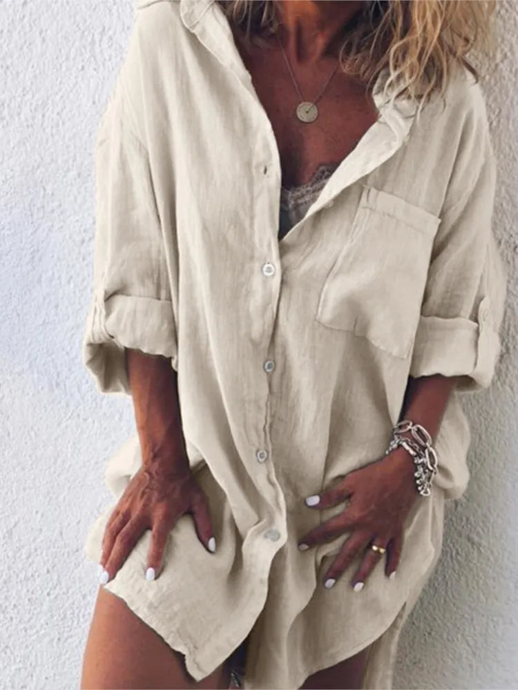 Women's Summer New Fashion Cotton Linen Pocket Beach Button Long Sleeved Shirt Casual And Comfortable Plus Size Women's Clothing Viralgem Store