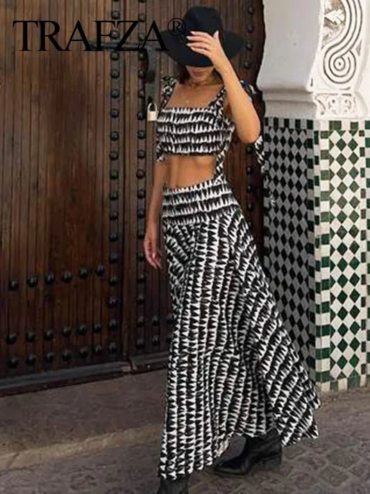 TRAFZA Women Fashion Geometric Print Skirt Zipper Fly High Waist Slim Midi Skirts Vintage Y2k 2024 Women Casual Streetwear TRAF Viralgem Store