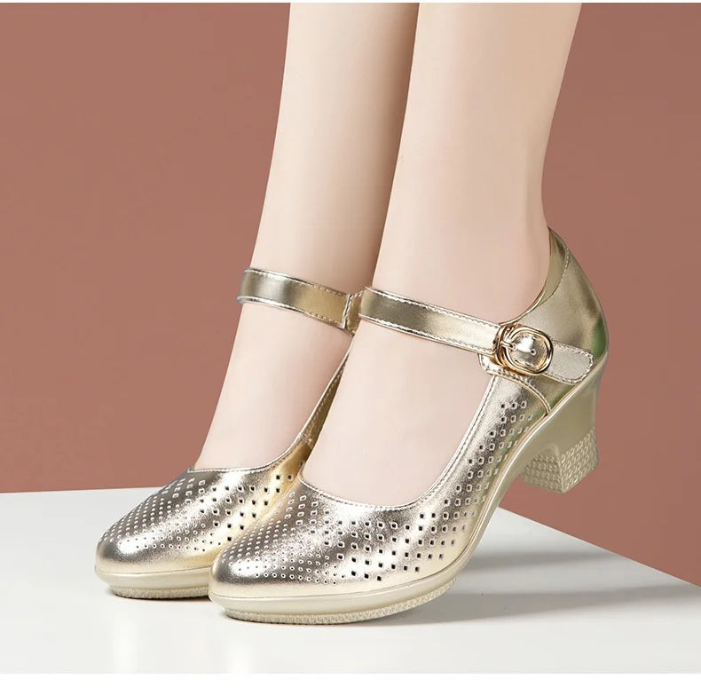 5.5cm 7.5cm Small Size 33 Breathable Cutout Block Heels Shoes Mary Janes 2024 Soft Leather Platform Pumps for Mom Dance Model