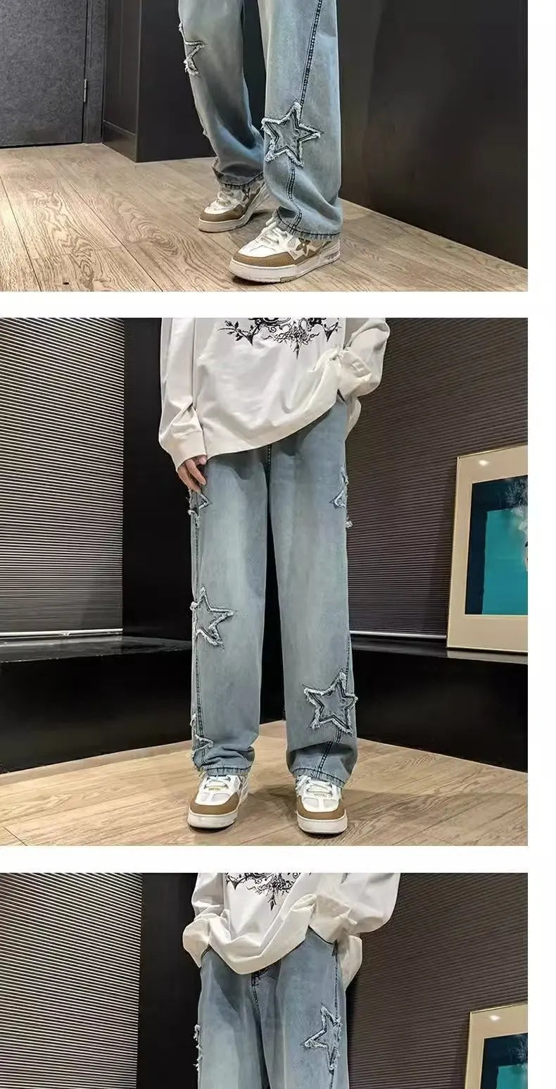 2024 New Fashion Stars Towel Embroidery Brown Men Jeans Pants Y2K Clothes Straight Hip Hop Cotton Trousers Pantalon Homme Viralgem Store