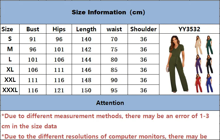 2024 Summer New Style Strap Waist Wrapped jumpsuit Women's Solid Color V-neck Short Sleeve Wide Leg Long Pants