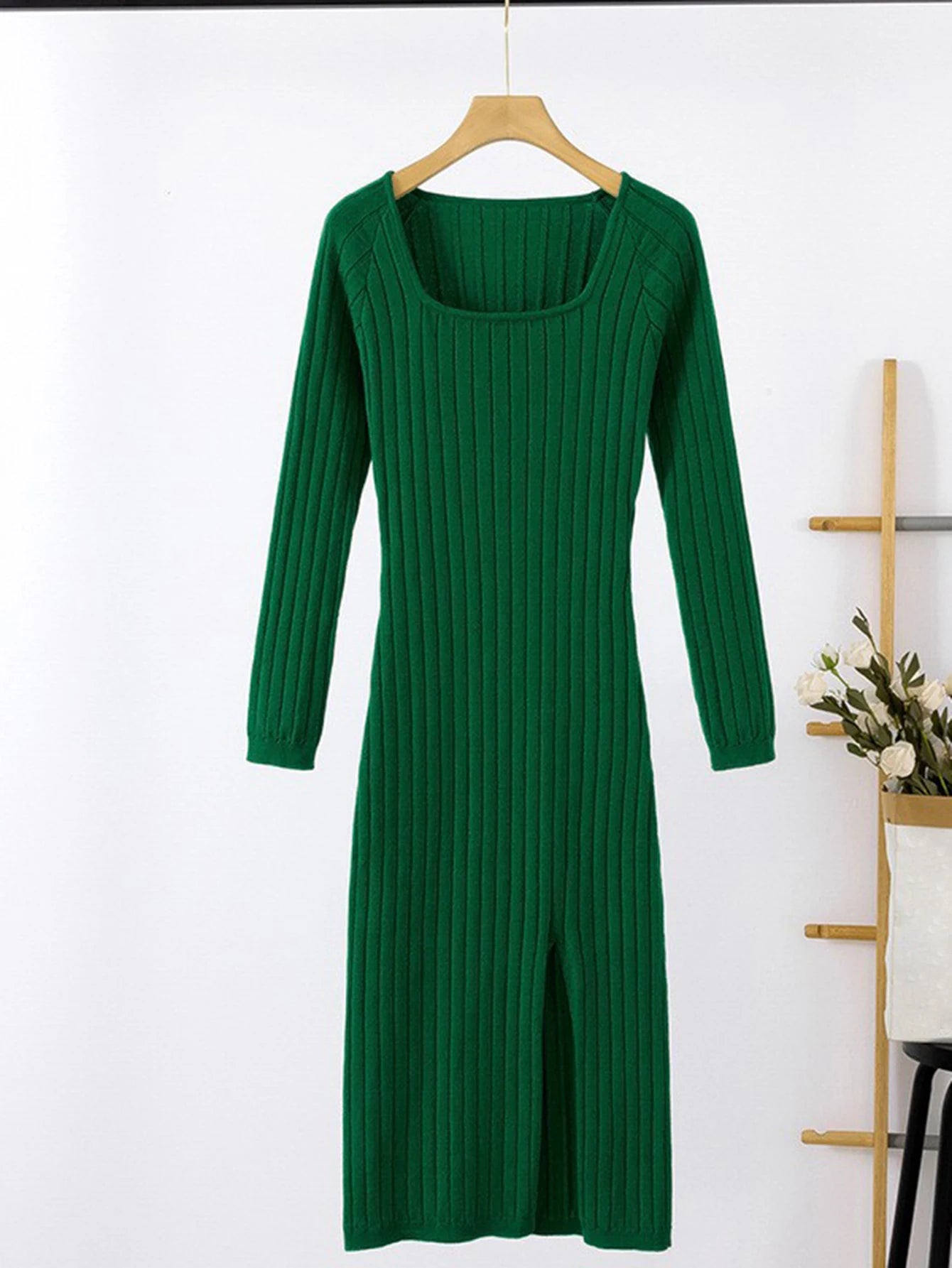Women Bodycon Dress Long Sleeve Slim Fit Knitted Dress Square Neck Party Split Hem Long Wrap Dresses Green Viralgem Store