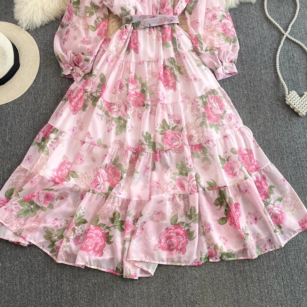Spring Autumn Women Floral Chiffon Long Dress Vintage Purple/Pink/Black/Beige Stand Collar Single Breasted Maxi Robe Elegant New Viralgem Store