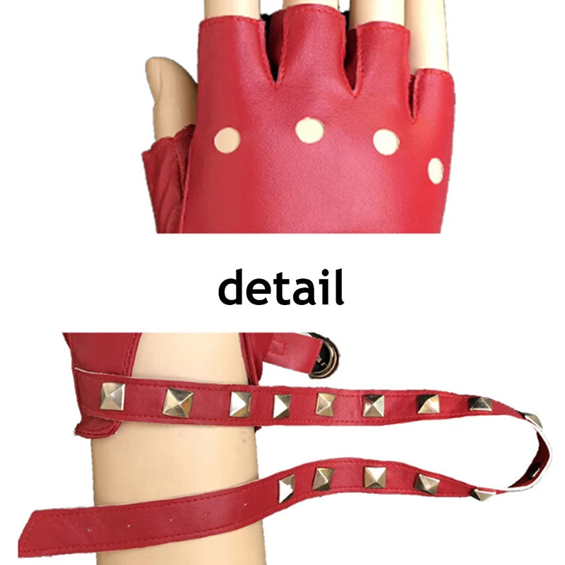 Womens Leather Half Finger Gloves Punk Rivets Belt Gloves Pole Dance Street Dance Leather Gloves Performance Gloves