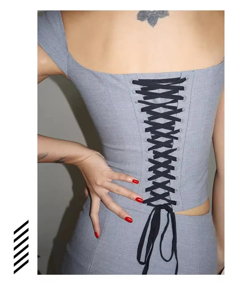 Women Square Neck Rowena Grey Lace Back Corset