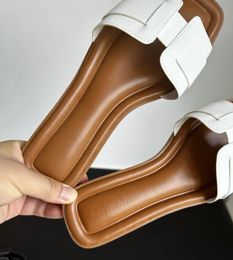 2024 Women Modern Slippers Summer Outdoors Comfortable Flat Slippers Luxury Leather Slippers Casual Slides Shoes Females Sandals