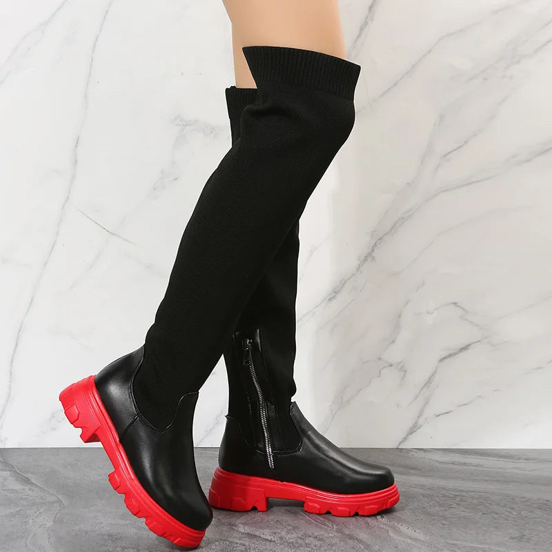 2024 Women's Boots Platform Shoes Over-the-knee Thigh High Knitting Socks Chunky Long Designer New Rock Plus Size Goth Lolita