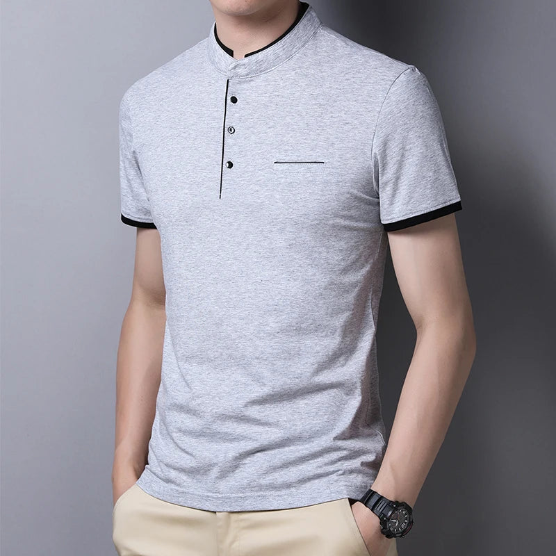 2025 New Men's Casual and Fashionable Solid Color Short Sleeved Stand Up Collar T-shirt Summer Versatile and Comfortable Top
