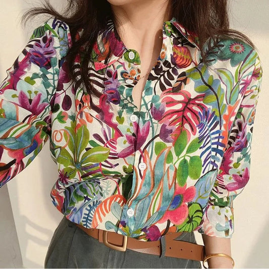 Spring Summer New Women's Polo Neck Plant&Flowers Printed Blouses Commute All-match Straight Long Sleeve Single-breasted Shirts Viralgem Store