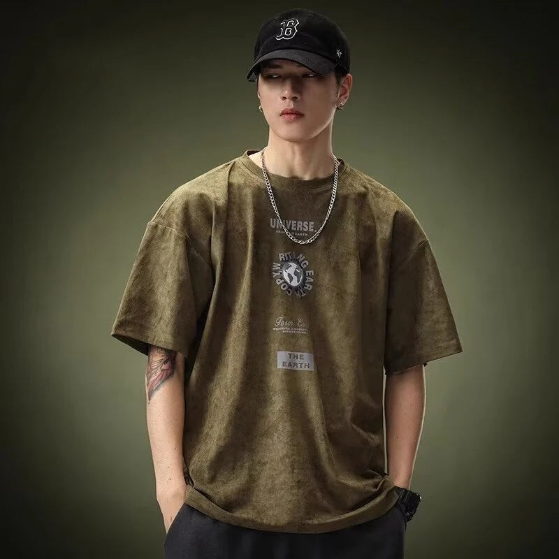 Summer Graphic Printed Suede Short Sleeve T-shirt For Men 2024 New Y2K Streetwear Oversized Tee Shirts Hip Hop O-Neck Tops