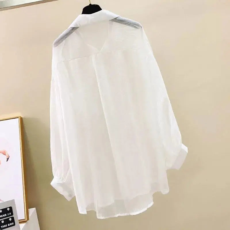 Summer Sunscreen Shirt Elegant Perspective Thin Chiffon Blouse Korean Harajuku See Through Loose Top Casual Women's Cardigan Freshlook Styles
