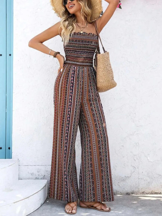2025 spring/summer new striped printed strapless backless one-piece collar elastic waist jumpsuit for women wearing outside Viralgem Store