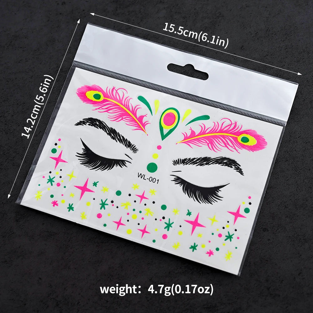 1Pcs Halloween Fluorescent Face Stickers 12-Styles Feather/Flowers/ButterflyDesign Tattoo Sticker Waterproof Glowing Face Decals Viralgem Store