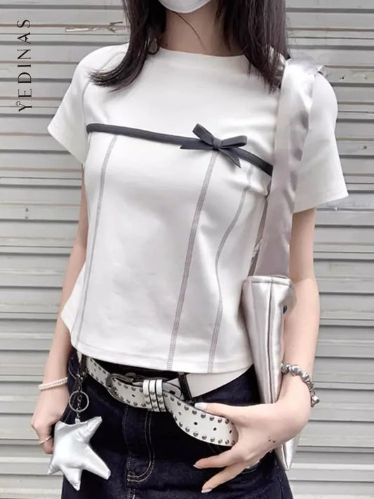 Yedinas High Quality Cotton T Shirt Women Clothes Korean Fashion Summer Tops Short Sleeve Bow Bright Line Decoration Tees Y2k