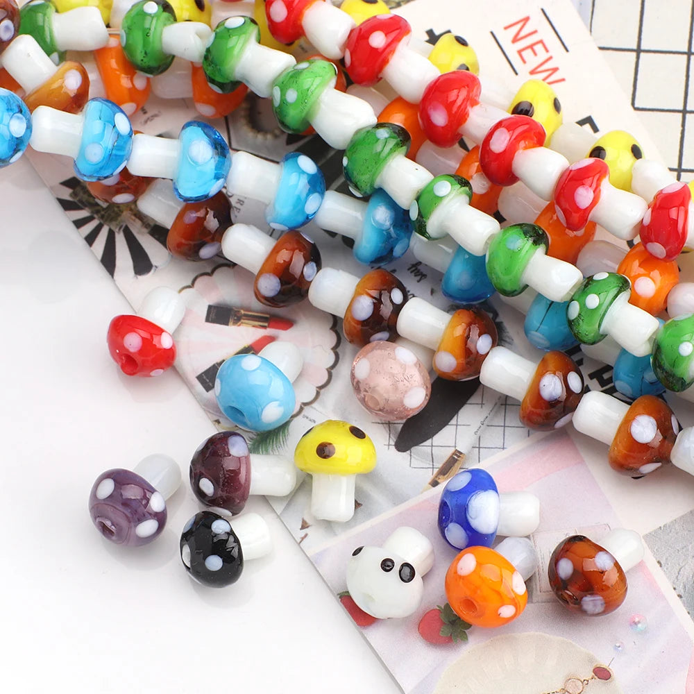 10Pcs 10x13mm 12x16mm 15x20mm Mushroom Shape Lampwork Glass Loose Beads for DIY Crafts Jewelry Making Earing Necklace Accessory