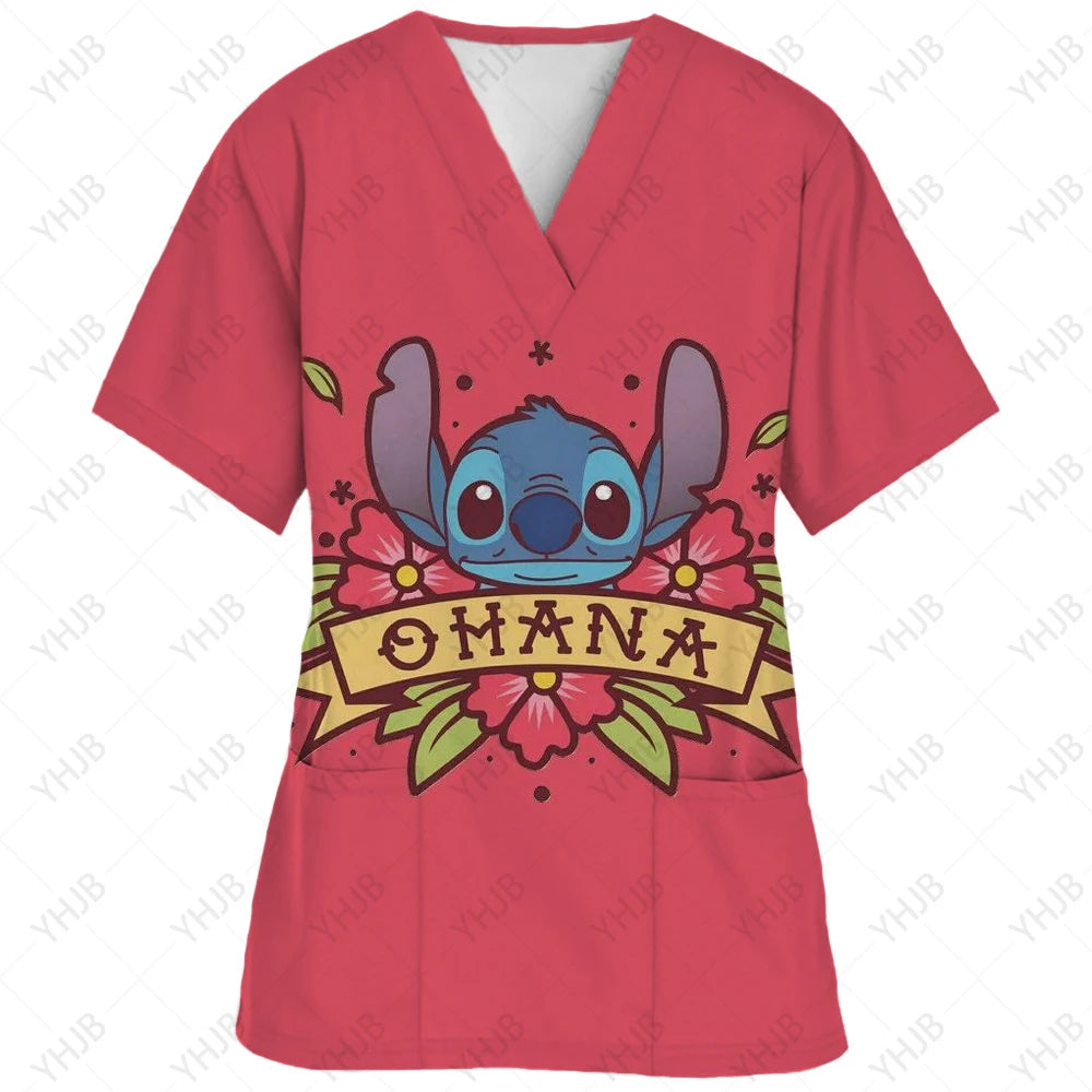 Top Women 2024 Minnie Mouse Tops Disney T Shirt Pocket T-shirts Hospital T-shirt Summer Nurse Uniform Woman Clothes Mickey Tees