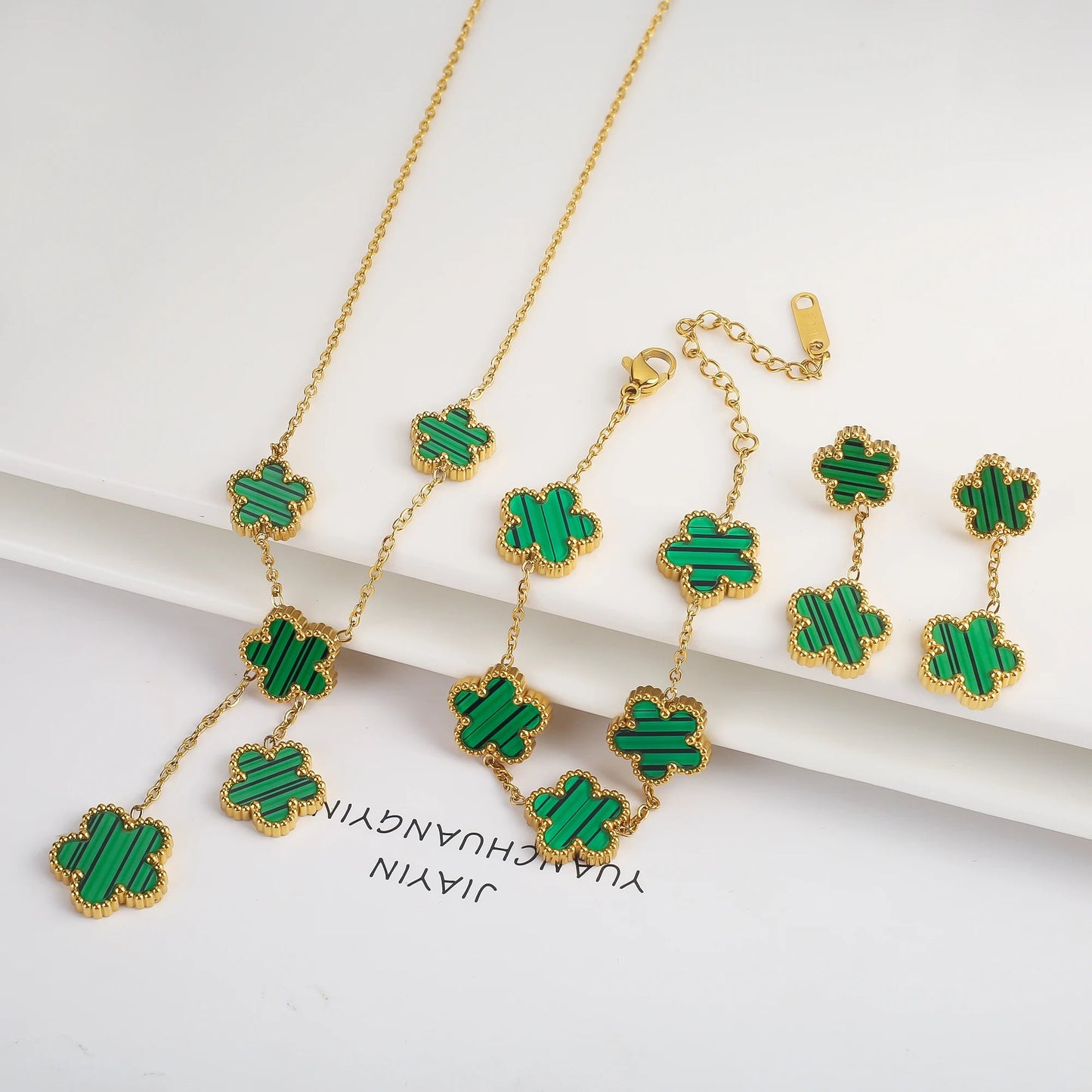 3Pcs 18k Gold-Plated Five-Leaf Flower Necklace Earrings Bracelet Jewelry Set For Woman Fashion Party Jewelry Daily Wear Clover Viralgem Store