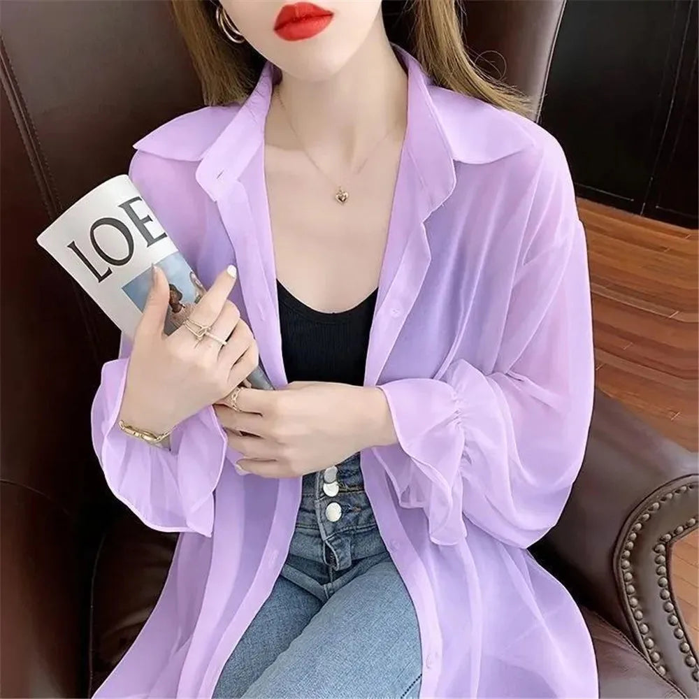 2023 Summer New Thin Women's Sun Protection Jacket Loose Long Sleeves Medium Long Chiffon Shirt Fashion Style Purple Female Tops